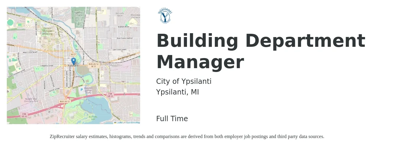 City of Ypsilanti job posting for a Building Department Manager in Ypsilanti, MI with a salary of $39 Hourly with a map of Ypsilanti location.