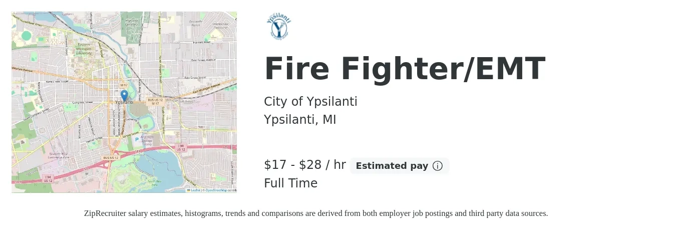 City of Ypsilanti job posting for a Fire Fighter/EMT in Ypsilanti, MI with a salary of $18 to $26 Hourly with a map of Ypsilanti location.