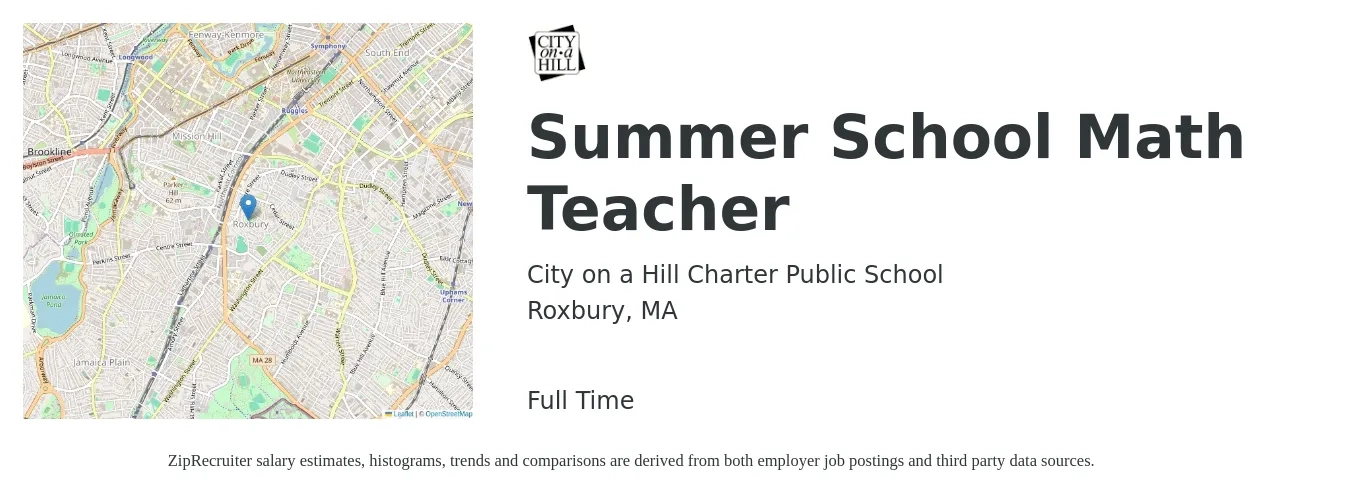 City on a Hill Charter Public School job posting for a Summer School Math Teacher in Roxbury, MA with a salary of $52,100 to $70,000 Yearly with a map of Roxbury location.