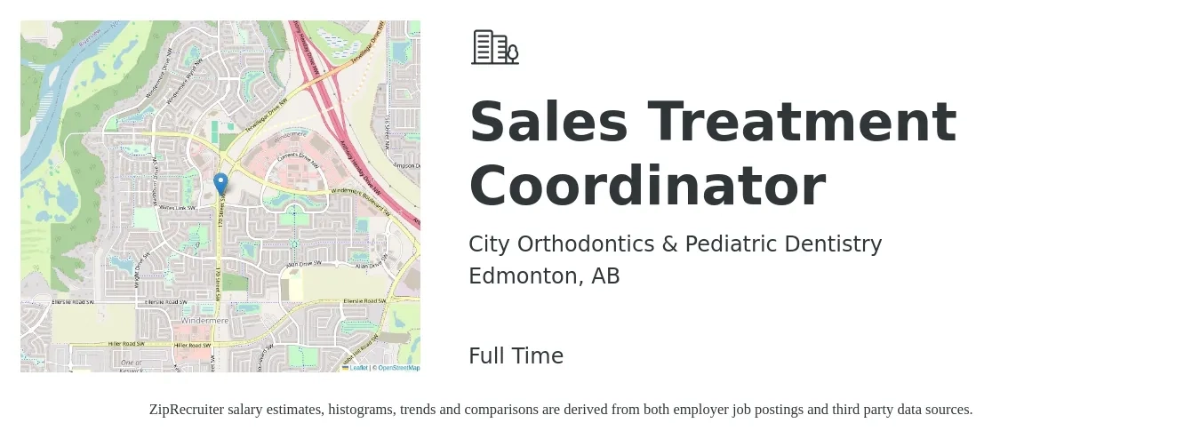 City Orthodontics & Pediatric Dentistry job posting for a Sales Treatment Coordinator in Edmonton, AB with a map of Edmonton location.