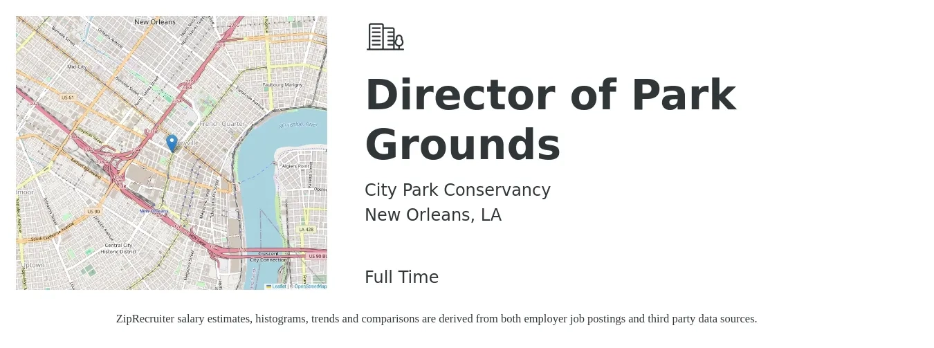 City Park Conservancy job posting for a Director of Park Grounds in New Orleans, LA with a salary of $38,600 to $77,700 Yearly with a map of New Orleans location.