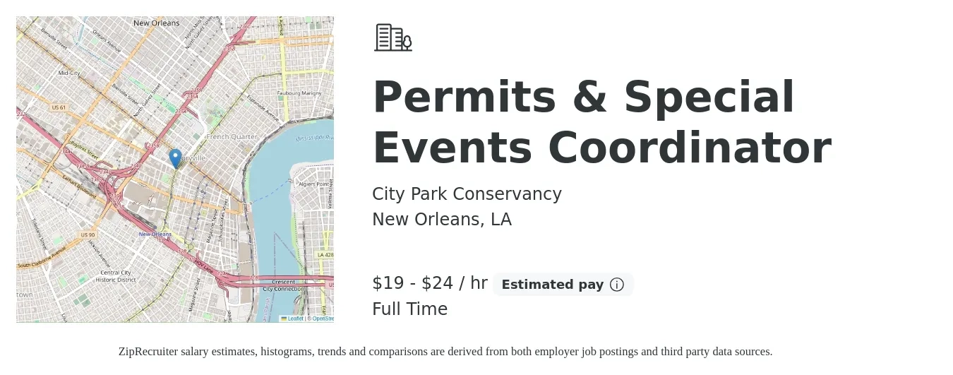 City Park Conservancy job posting for a Permits & Special Events Coordinator in New Orleans, LA with a salary of $20 to $25 Hourly with a map of New Orleans location.