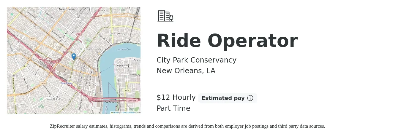 City Park Conservancy job posting for a Ride Operator in New Orleans, LA with a salary of $13 Hourly with a map of New Orleans location.
