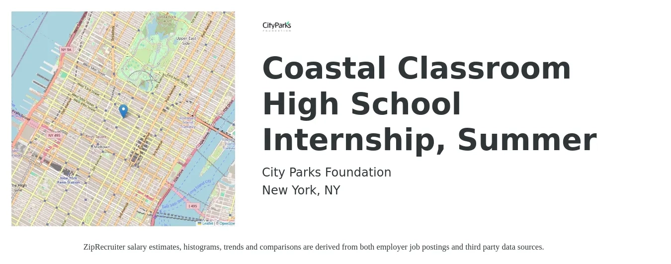 City Parks Foundation job posting for a Coastal Classroom High School Internship, Summer in New York, NY with a salary of $16 Hourly with a map of New York location.