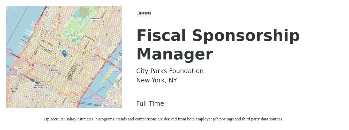 City Parks Foundation job posting for a Fiscal Sponsorship Manager in New York, NY with a salary of $67,000 Yearly with a map of New York location.