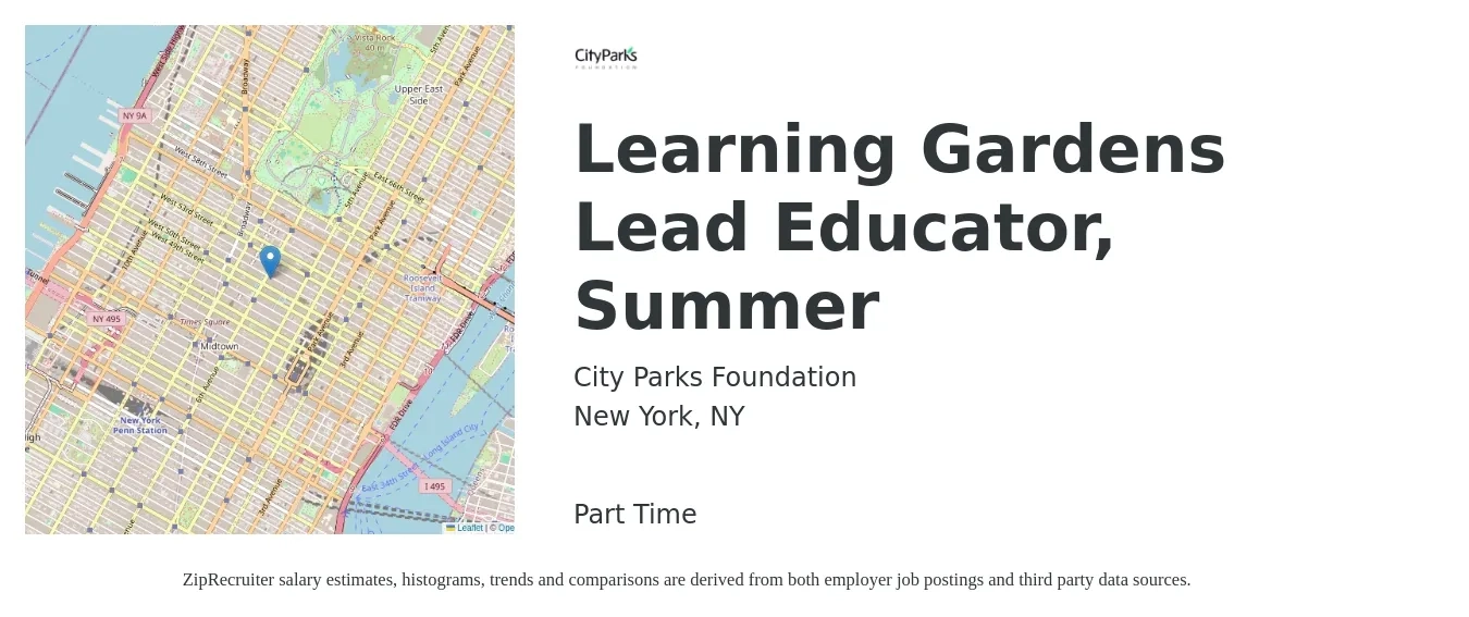 City Parks Foundation job posting for a Learning Gardens Lead Educator, Summer in New York, NY with a salary of $25 Hourly with a map of New York location.