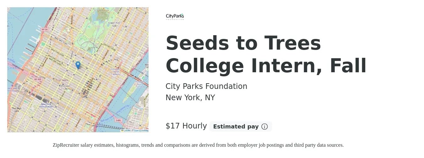 City Parks Foundation job posting for a Seeds to Trees College Intern, Fall in New York, NY with a salary of $18 Hourly with a map of New York location.