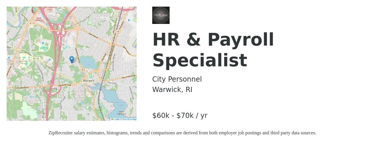 City Personnel job posting for a HR & Payroll Specialist in Warwick, RI with a salary of $60,000 to $70,000 Yearly with a map of Warwick location.