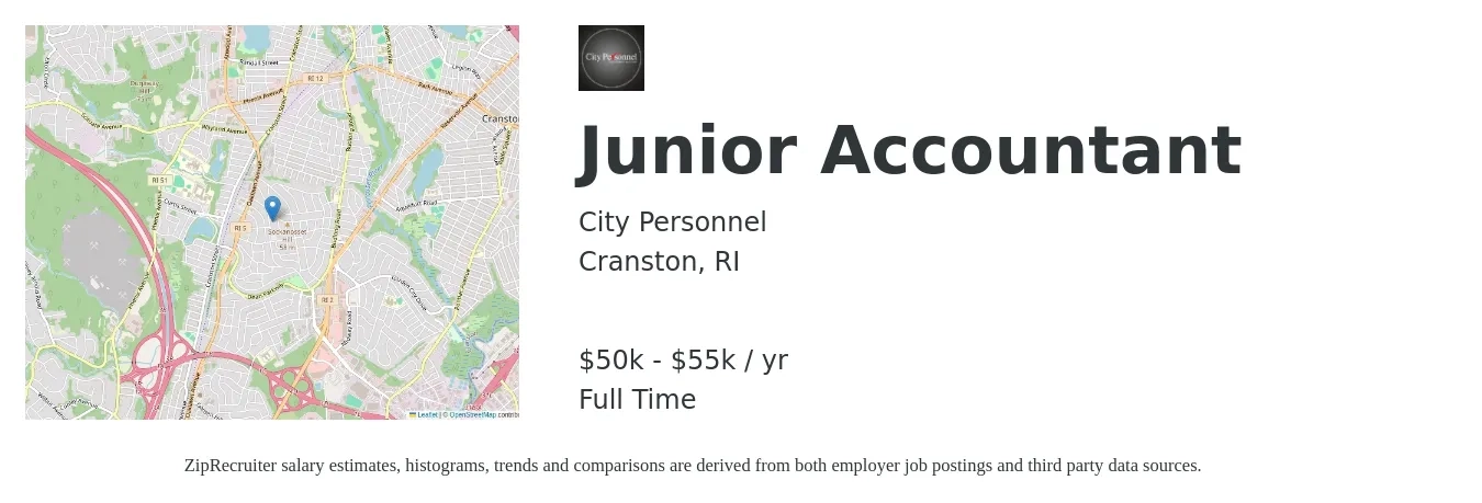 City Personnel job posting for a Junior Accountant in Cranston, RI with a salary of $50,000 to $55,000 Yearly with a map of Cranston location.
