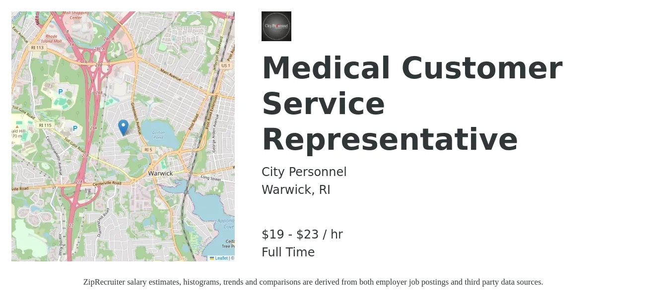 City Personnel job posting for a Medical Customer Service Representative in Warwick, RI with a salary of $20 to $24 Hourly with a map of Warwick location.
