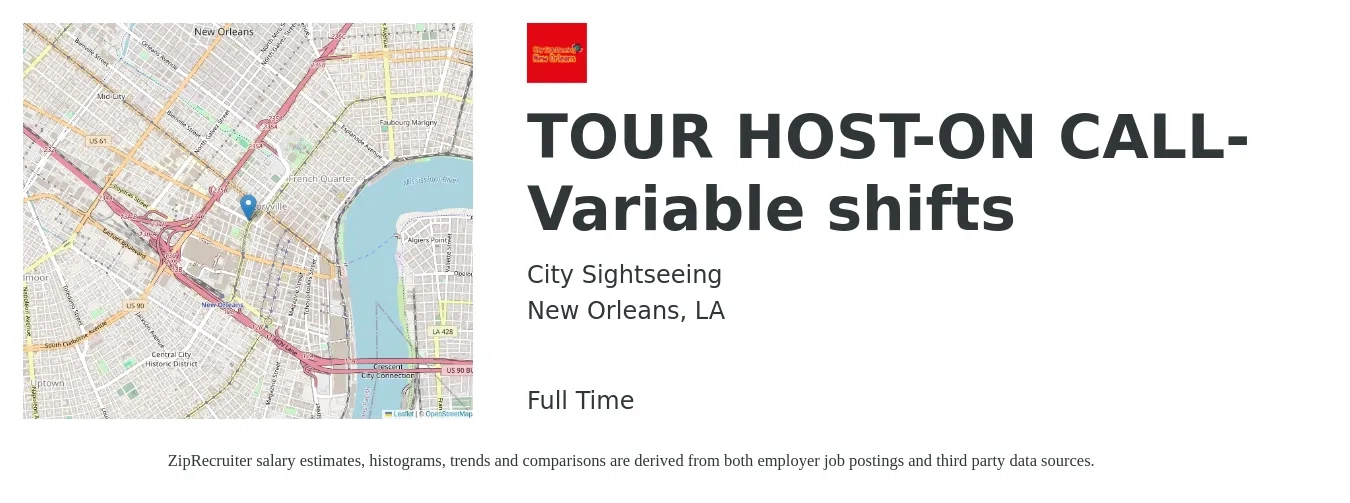 City Sightseeing job posting for a TOUR HOST-ON CALL-Variable shifts in New Orleans, LA with a salary of $14 to $21 Hourly with a map of New Orleans location.