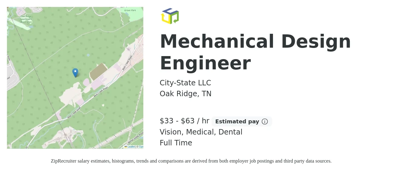 City-State LLC job posting for a Mechanical Design Engineer in Oak Ridge, TN with a salary of $35 to $66 Hourly and benefits including medical, retirement, vision, dental, and life_insurance with a map of Oak Ridge location.