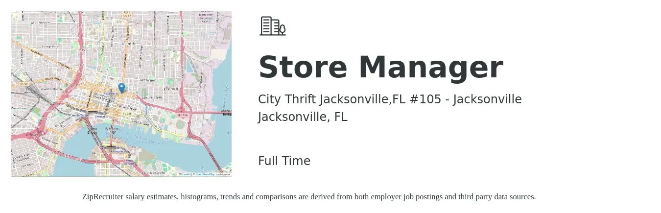 City Thrift Jacksonville,FL #105 - Jacksonville job posting for a Store Manager in Jacksonville, FL with a salary of $38,500 to $59,800 Yearly with a map of Jacksonville location.