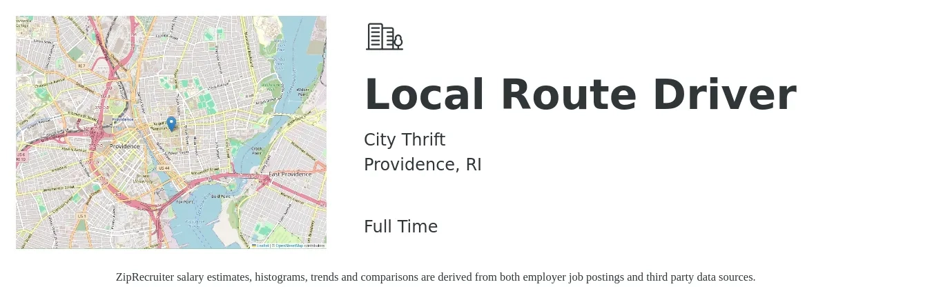 City Thrift job posting for a Local Route Driver in Providence, RI with a salary of $19 to $24 Hourly with a map of Providence location.