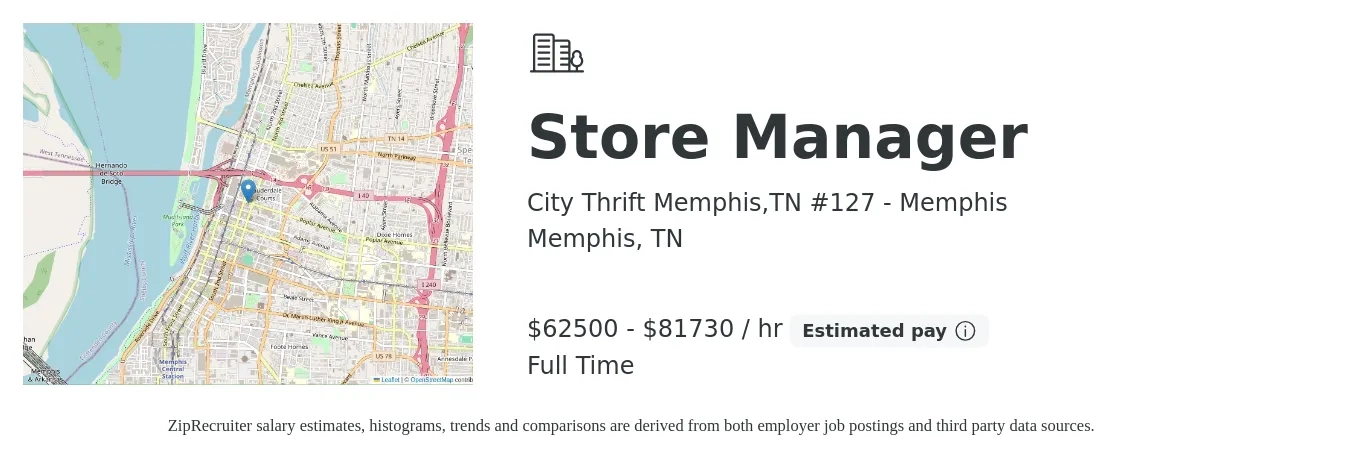 City Thrift Memphis,TN #127 - Memphis job posting for a Store Manager in Memphis, TN with a salary of $65,000 to $85,000 Hourly with a map of Memphis location.