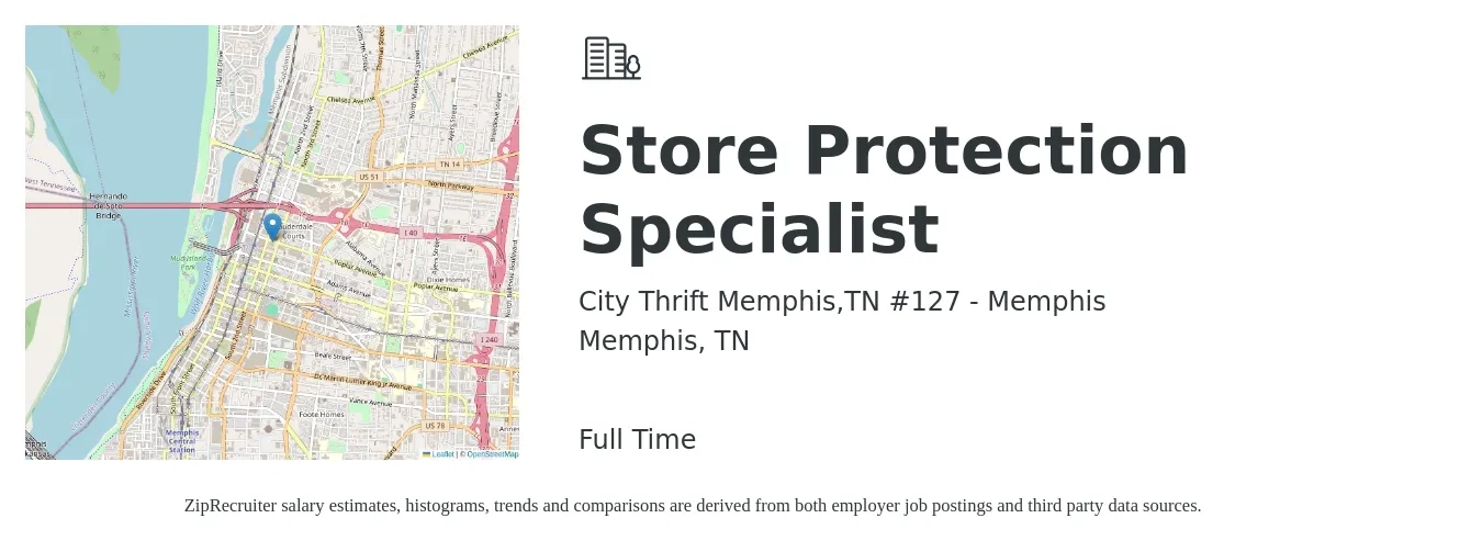 City Thrift Memphis,TN #127 - Memphis job posting for a Store Protection Specialist in Memphis, TN with a salary of $14 to $17 Hourly with a map of Memphis location.