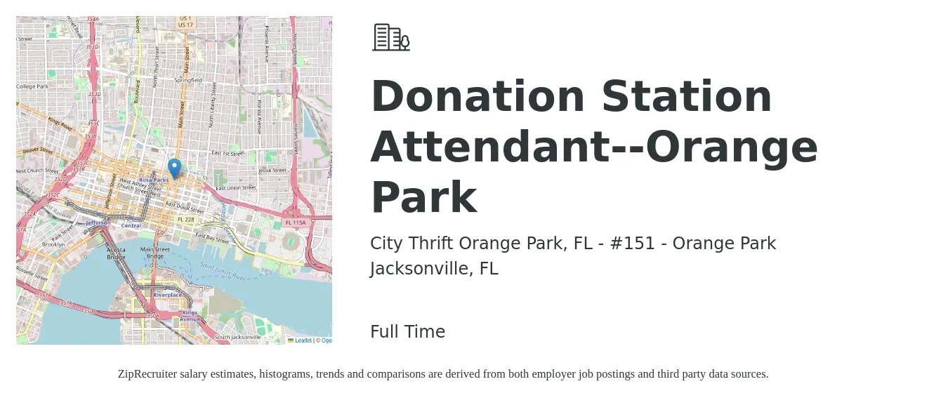 City Thrift Orange Park, FL - #151 - Orange Park job posting for a Donation Station Attendant--Orange Park in Jacksonville, FL with a salary of $12 to $16 Hourly with a map of Jacksonville location.
