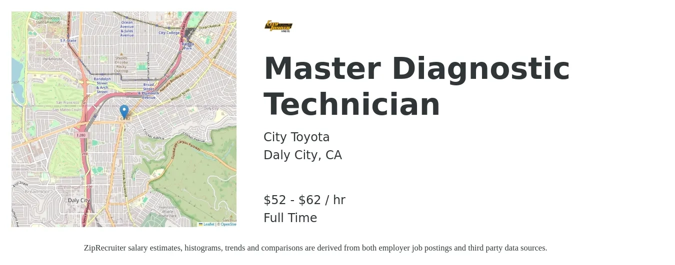 City Toyota job posting for a Master Diagnostic Technician in Daly City, CA with a salary of $55 to $65 Hourly with a map of Daly City location.