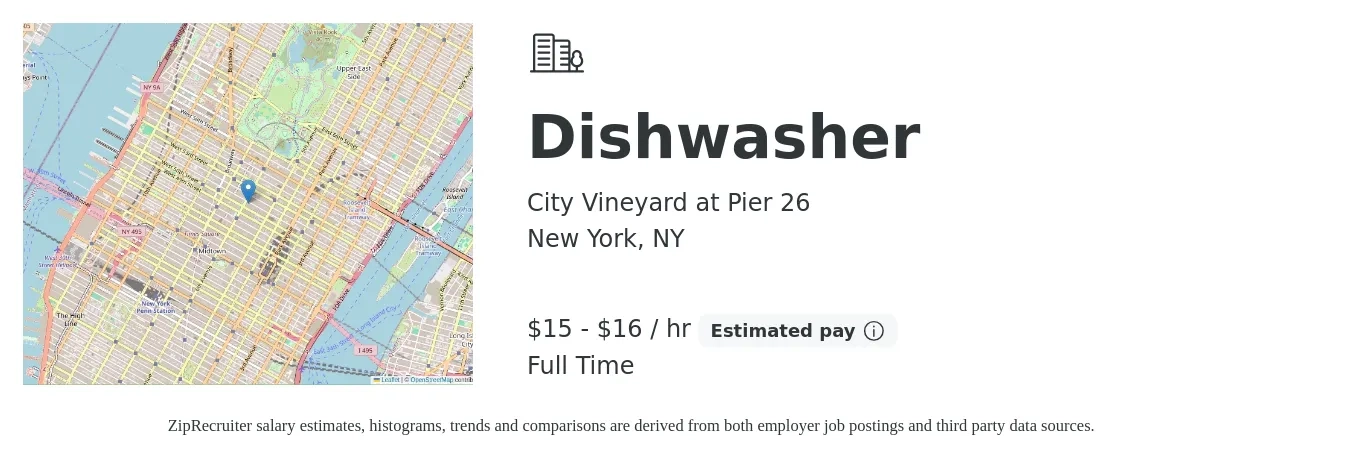 City Vineyard at Pier 26 job posting for a Dishwasher in New York, NY with a salary of $16 to $17 Hourly with a map of New York location.