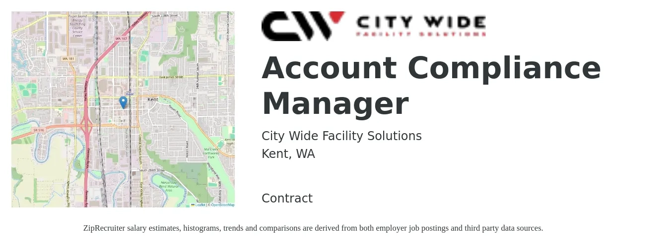 City Wide Facility Solutions job posting for a Account Compliance Manager in Kent, WA with a salary of $54,200 to $88,600 Yearly with a map of Kent location.