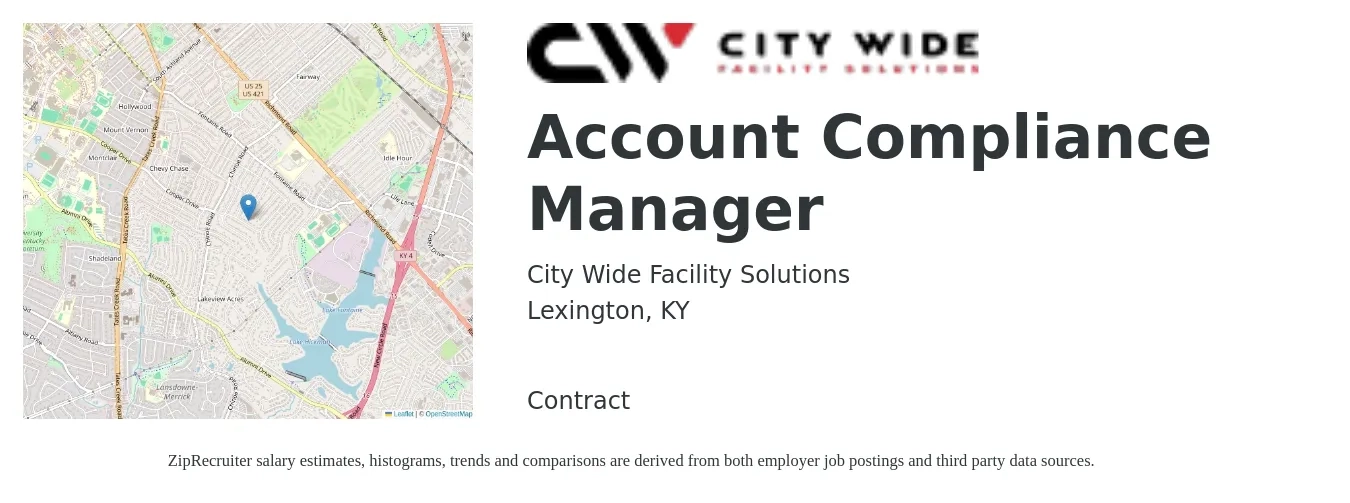 City Wide Facility Solutions job posting for a Account Compliance Manager in Lexington, KY with a salary of $47,700 to $78,000 Yearly with a map of Lexington location.