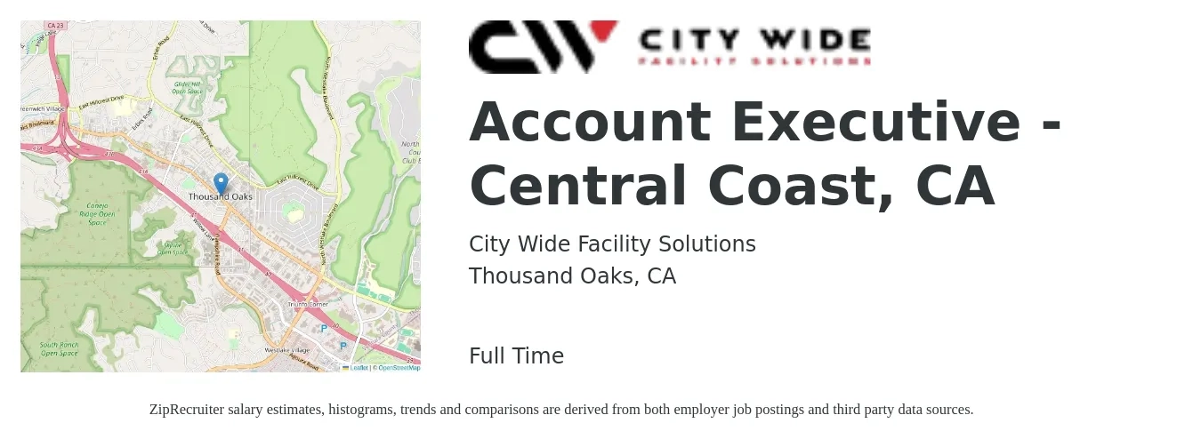 City Wide Facility Solutions job posting for a Account Executive - Central Coast, CA in Thousand Oaks, CA with a salary of $56,800 to $99,800 Yearly with a map of Thousand Oaks location.