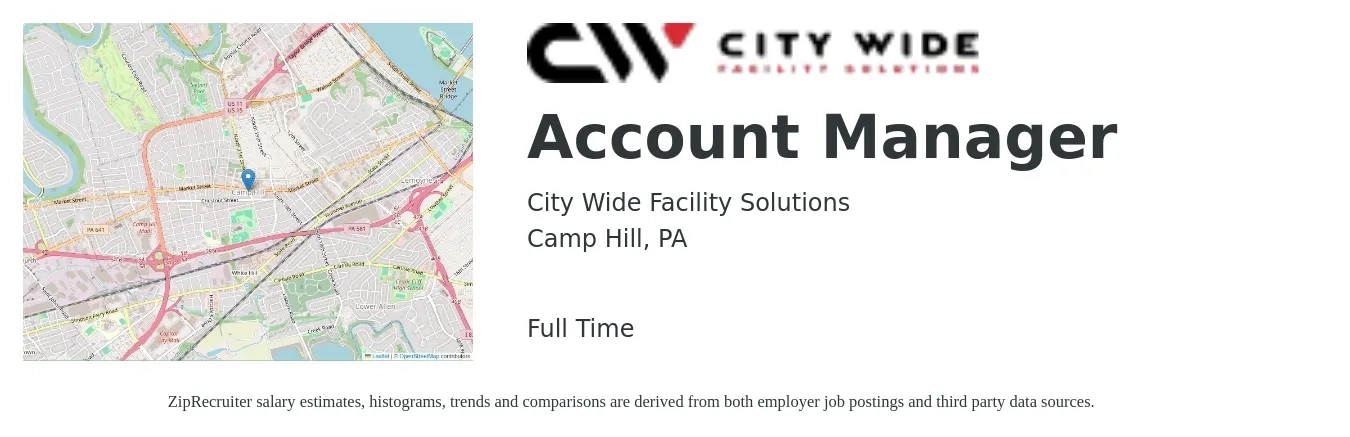 City Wide Facility Solutions job posting for a Account Manager in Camp Hill, PA with a salary of $47,400 to $77,500 Yearly with a map of Camp Hill location.