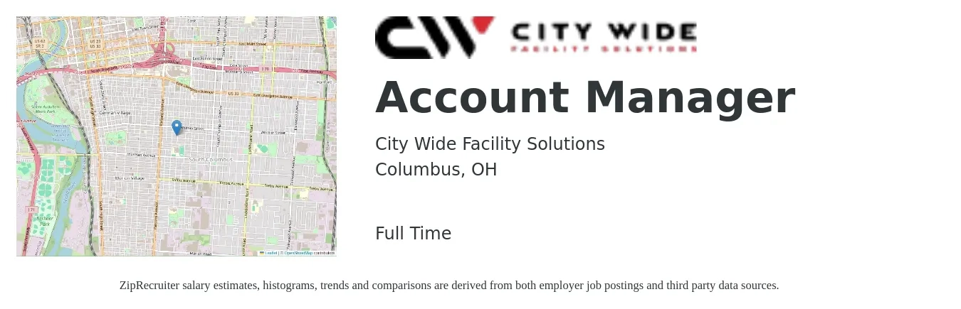 City Wide Facility Solutions job posting for a Account Manager in Columbus, OH with a salary of $50,000 Yearly with a map of Columbus location.