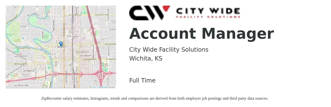 City Wide Facility Solutions job posting for a Account Manager in Wichita, KS with a salary of $42,900 to $70,200 Yearly with a map of Wichita location.