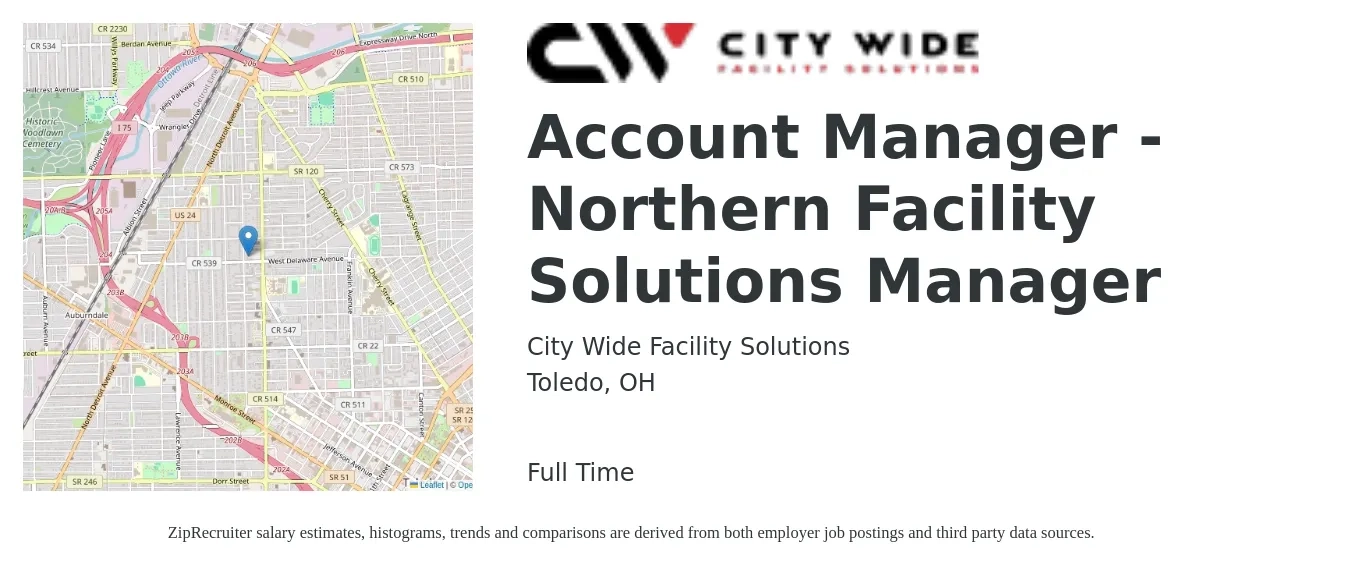 City Wide Facility Solutions job posting for a Account Manager - Northern Facility Solutions Manager in Toledo, OH with a salary of $47,200 to $77,200 Yearly with a map of Toledo location.