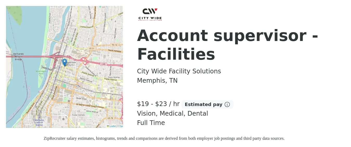 City Wide Facility Solutions job posting for a Account supervisor - Facilities in Memphis, TN with a salary of $20 to $24 Hourly and benefits including dental, life_insurance, medical, retirement, and vision with a map of Memphis location.