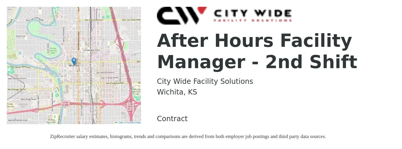 City Wide Facility Solutions job posting for a After Hours Facility Manager - 2nd Shift in Wichita, KS with a salary of $44,700 to $75,600 Yearly with a map of Wichita location.