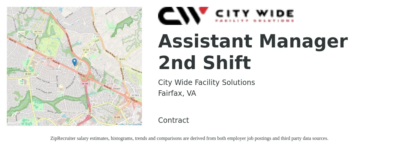 City Wide Facility Solutions job posting for a Assistant Manager 2nd Shift in Fairfax, VA with a salary of $17 to $26 Hourly with a map of Fairfax location.