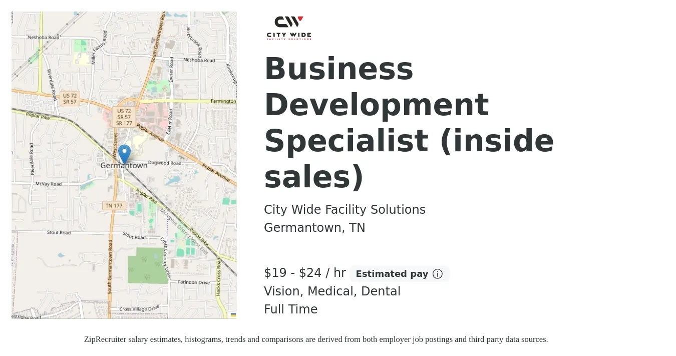City Wide Facility Solutions job posting for a Business Development Specialist (inside sales) in Germantown, TN with a salary of $20 to $25 Hourly (plus commission) and benefits including dental, life_insurance, medical, pto, retirement, and vision with a map of Germantown location.