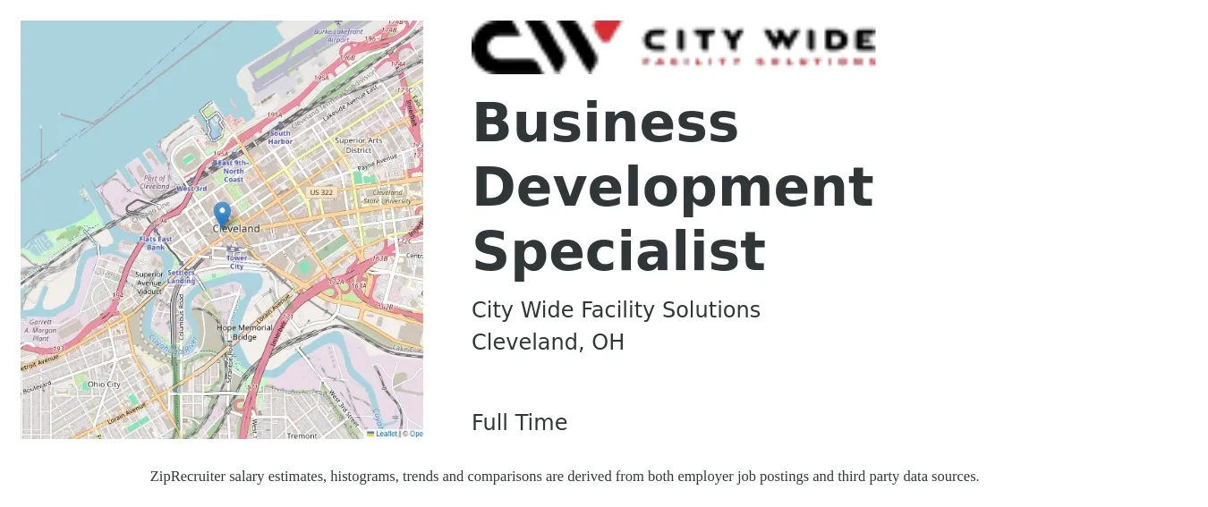 City Wide Facility Solutions job posting for a Business Development Specialist in Cleveland, OH with a salary of $45,600 to $76,100 Yearly with a map of Cleveland location.