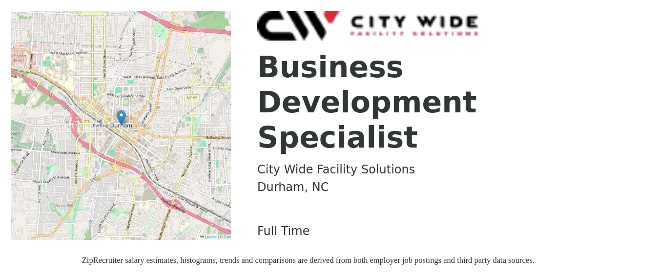 City Wide Facility Solutions job posting for a Business Development Specialist in Durham, NC with a salary of $45,400 to $75,900 Yearly with a map of Durham location.