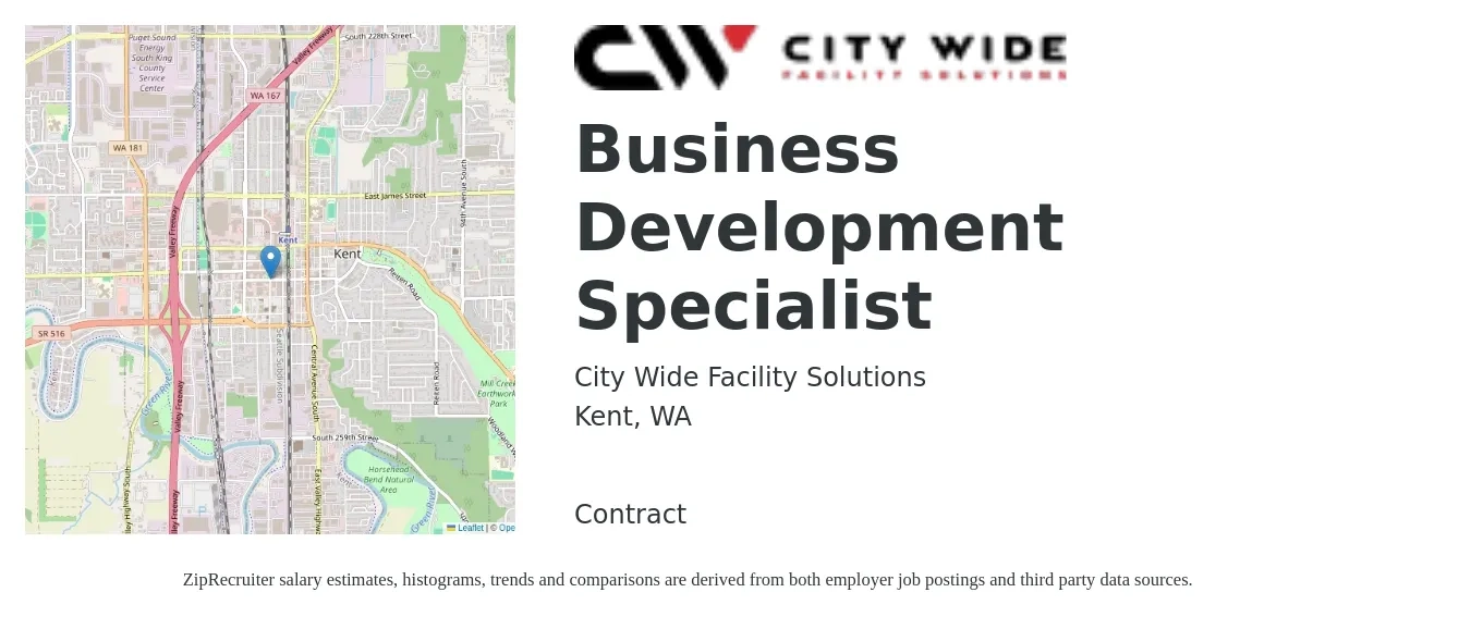 City Wide Facility Solutions job posting for a Business Development Specialist in Kent, WA with a salary of $53,100 to $88,600 Yearly with a map of Kent location.