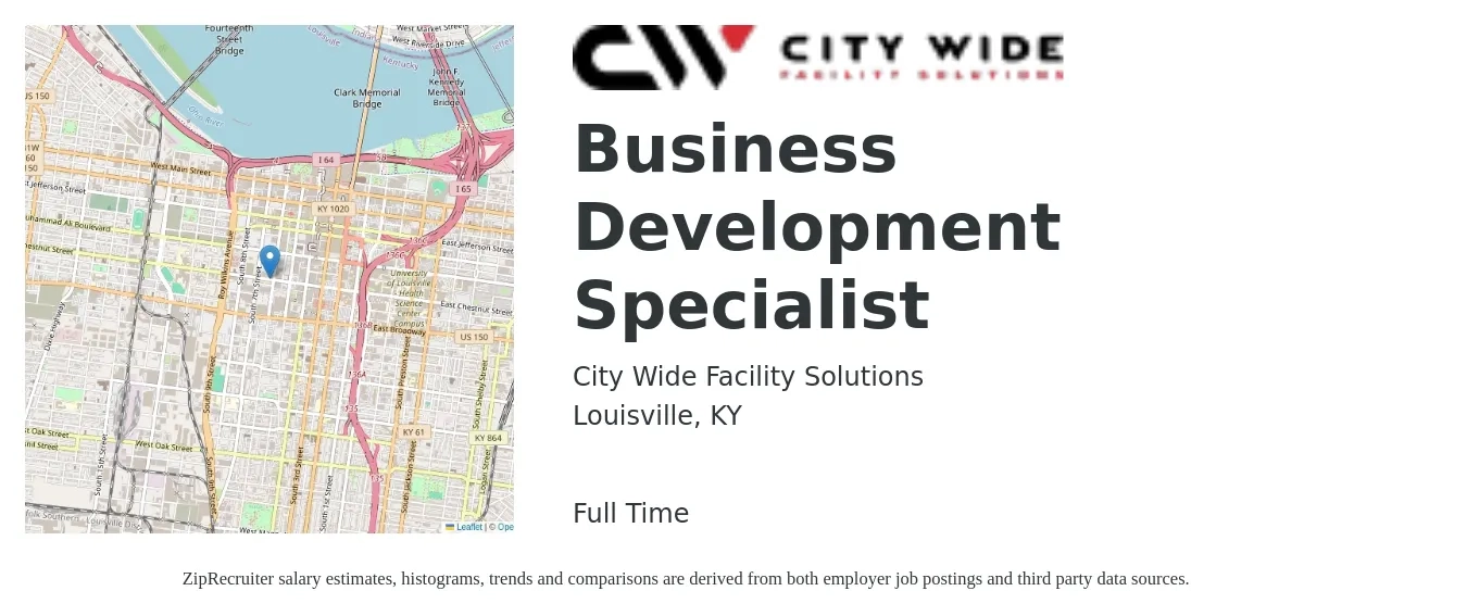 City Wide Facility Solutions job posting for a Business Development Specialist in Louisville, KY with a salary of $45,200 to $75,400 Yearly with a map of Louisville location.
