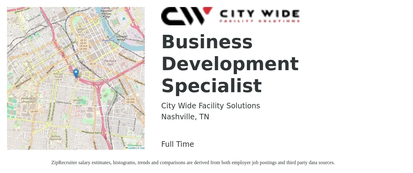 City Wide Facility Solutions job posting for a Business Development Specialist in Nashville, TN with a salary of $45,400 to $75,800 Yearly with a map of Nashville location.