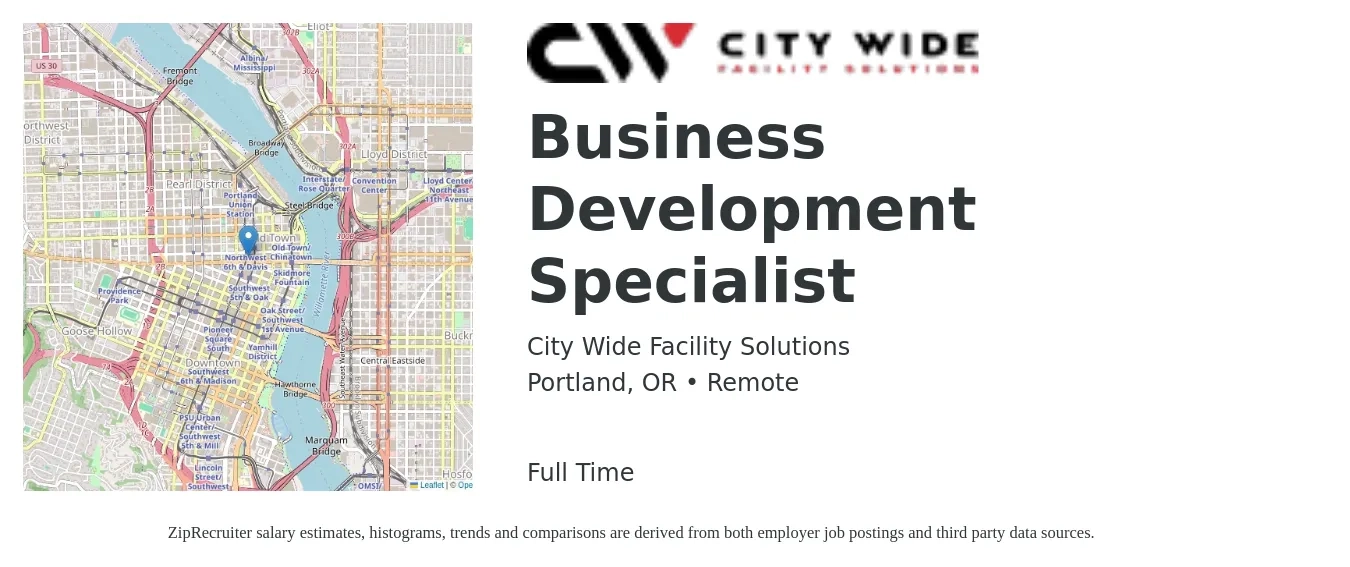 City Wide Facility Solutions job posting for a Business Development Specialist in Portland, OR with a salary of $50,000 to $83,500 Yearly with a map of Portland location.