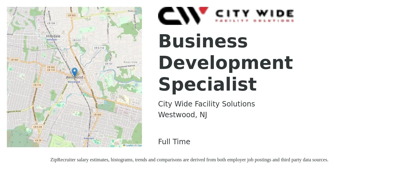 City Wide Facility Solutions job posting for a Business Development Specialist in Westwood, NJ with a salary of $50,300 to $84,000 Yearly with a map of Westwood location.