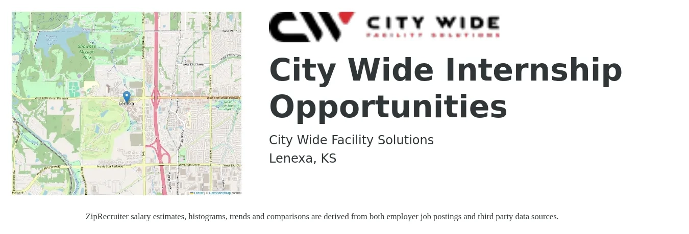 City Wide Facility Solutions job posting for a City Wide Internship Opportunities in Lenexa, KS with a salary of $14 to $19 Hourly with a map of Lenexa location.