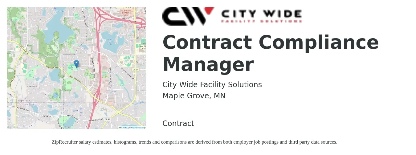City Wide Facility Solutions job posting for a Contract Compliance Manager in Maple Grove, MN with a salary of $71,700 to $119,300 Yearly with a map of Maple Grove location.
