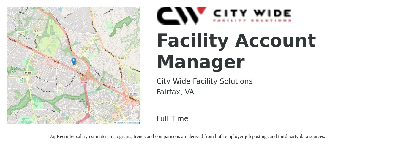 City Wide Facility Solutions job posting for a Facility Account Manager in Fairfax, VA with a salary of $49,100 to $80,400 Yearly with a map of Fairfax location.