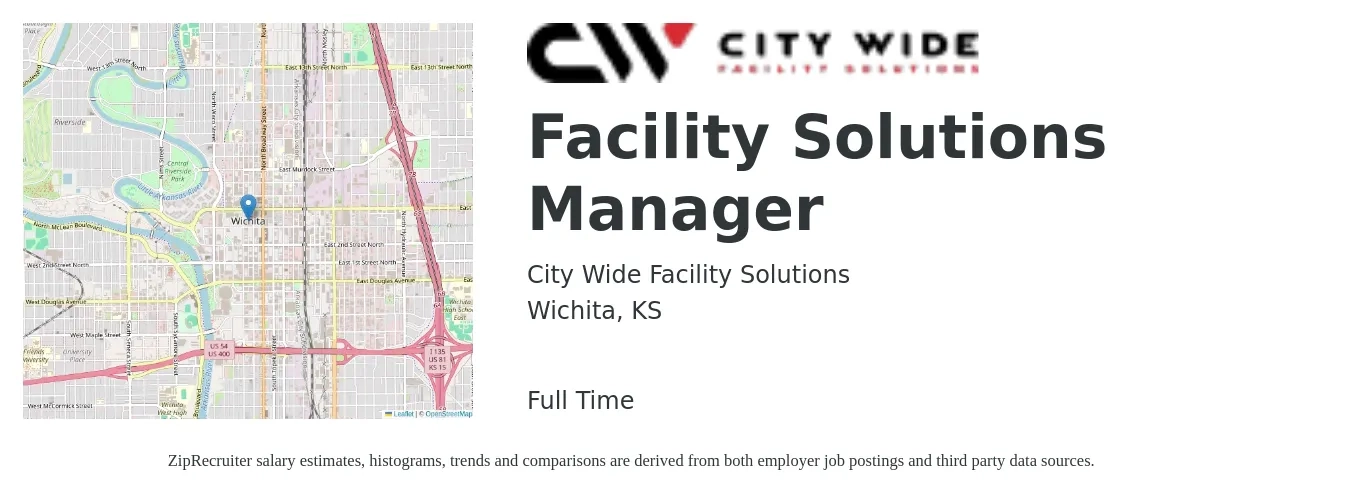 City Wide Facility Solutions job posting for a Facility Solutions Manager in Wichita, KS with a salary of $44,700 to $75,600 Yearly with a map of Wichita location.