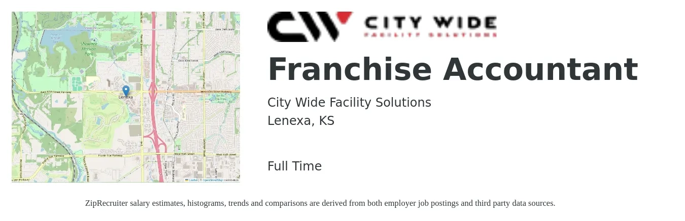 City Wide Facility Solutions job posting for a Franchise Accountant in Lenexa, KS with a salary of $48,800 to $71,600 Yearly with a map of Lenexa location.