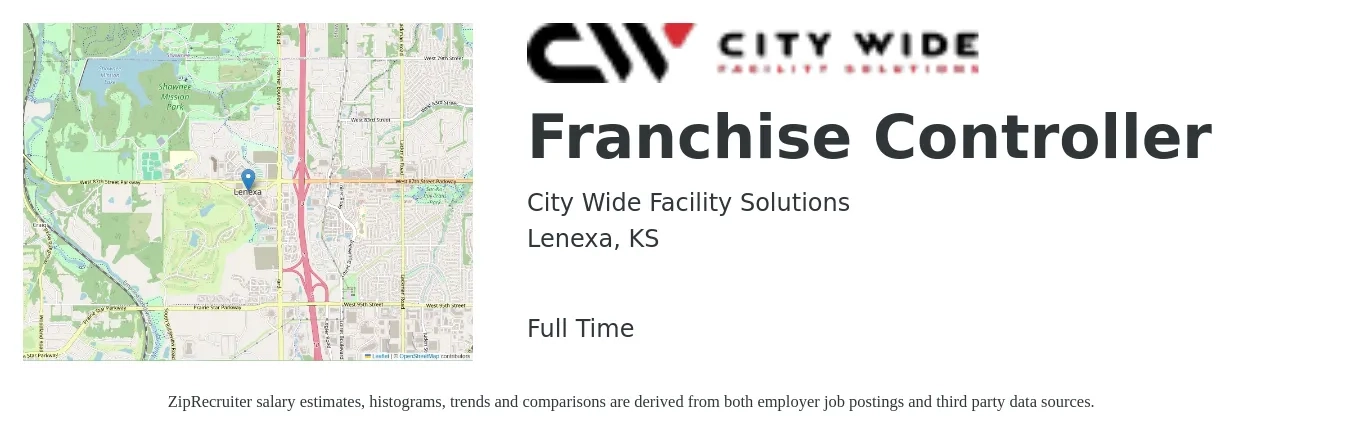 City Wide Facility Solutions job posting for a Franchise Controller in Lenexa, KS with a salary of $88,400 to $126,200 Yearly with a map of Lenexa location.