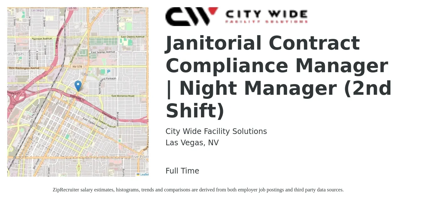 City Wide Facility Solutions job posting for a Janitorial Contract Compliance Manager | Night Manager (2nd Shift) in Las Vegas, NV with a salary of $14 to $18 Hourly with a map of Las Vegas location.