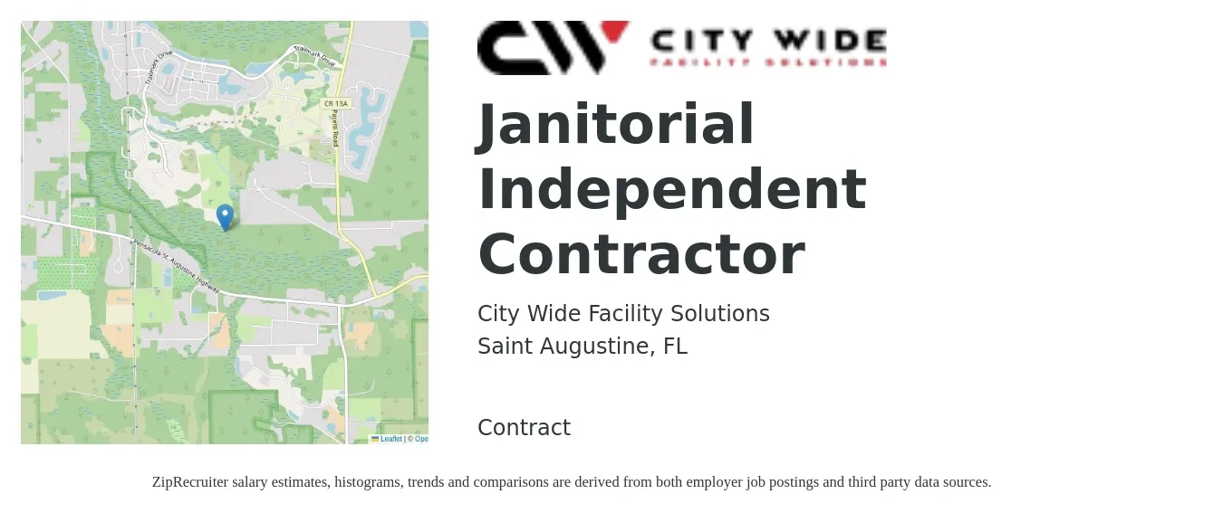 City Wide Facility Solutions job posting for a Janitorial Independent Contractor in Saint Augustine, FL with a salary of $13 to $18 Hourly with a map of Saint Augustine location.