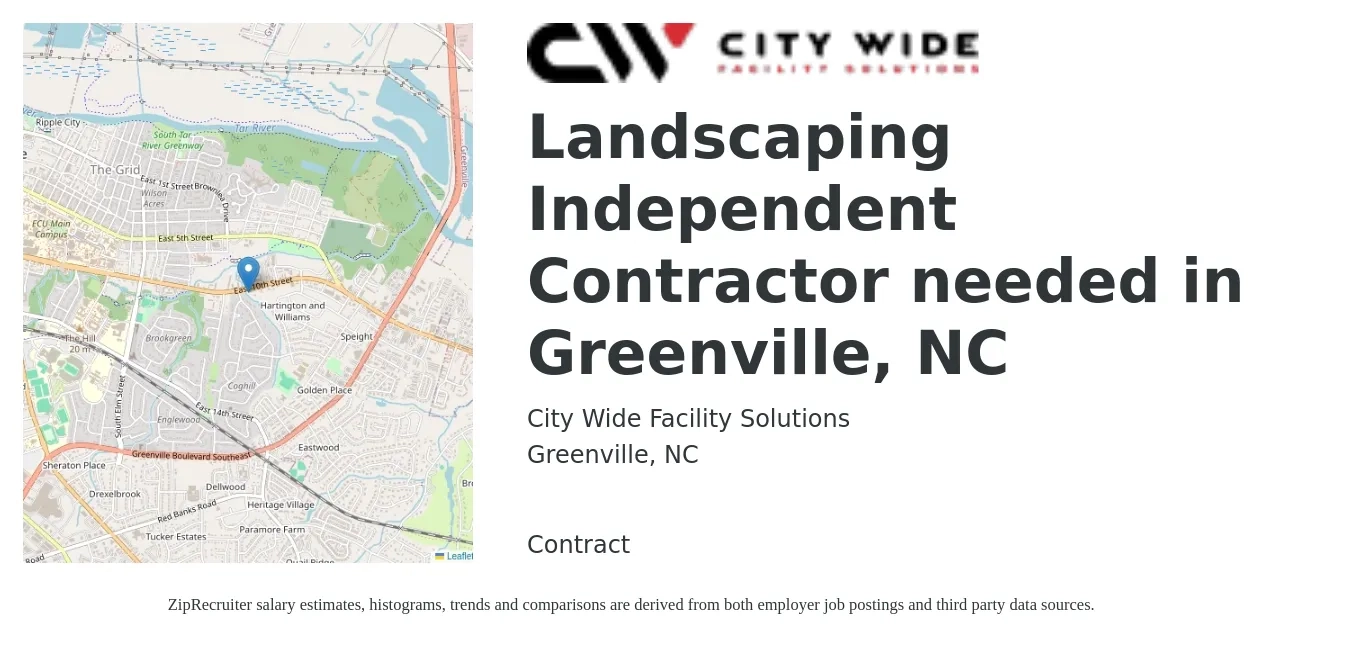 City Wide Facility Solutions job posting for a Landscaping Independent Contractor needed in Greenville, NC in Greenville, NC with a salary of $720 to $1,210 Weekly with a map of Greenville location.